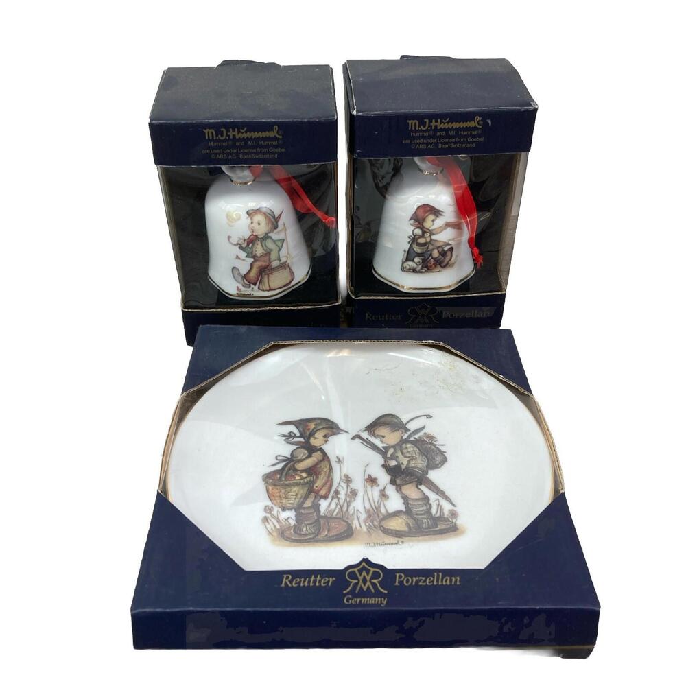 M J HUMMEL GOEBEL Set Bell/Ornament & Plate Porcelain German Boy & Girl Umbrella